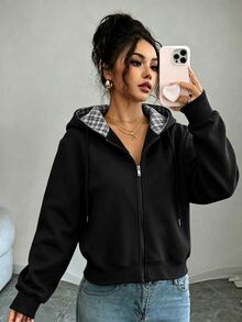 SHEIN LUNE Plus Size Fashionable Casual Style Long Sleeve Plaid Collar Zipper Sweatshirt For Women Fall - Multicolor - View 3