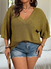 Vionelle Solid Color Loose Hollow Out Plus Size Pullover Sweater Fall Vacation Olive Green Casual Matching Elegant Travel - Khaki - View 7