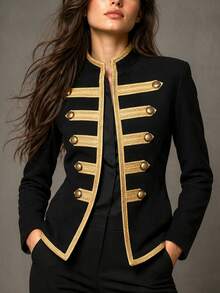 SHEIN Women's Long Sleeve Button Design Napoleon Regular Jacket, Renaissance Outfit, Social Clothing, Fall Winter, Vintage Night Out Black And Gold - Black - View 6