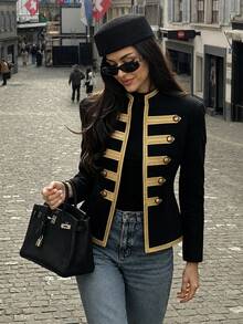 SHEIN Women's Long Sleeve Button Design Napoleon Regular Jacket, Renaissance Outfit, Social Clothing, Fall Winter, Vintage Night Out Black And Gold - Black - View 1