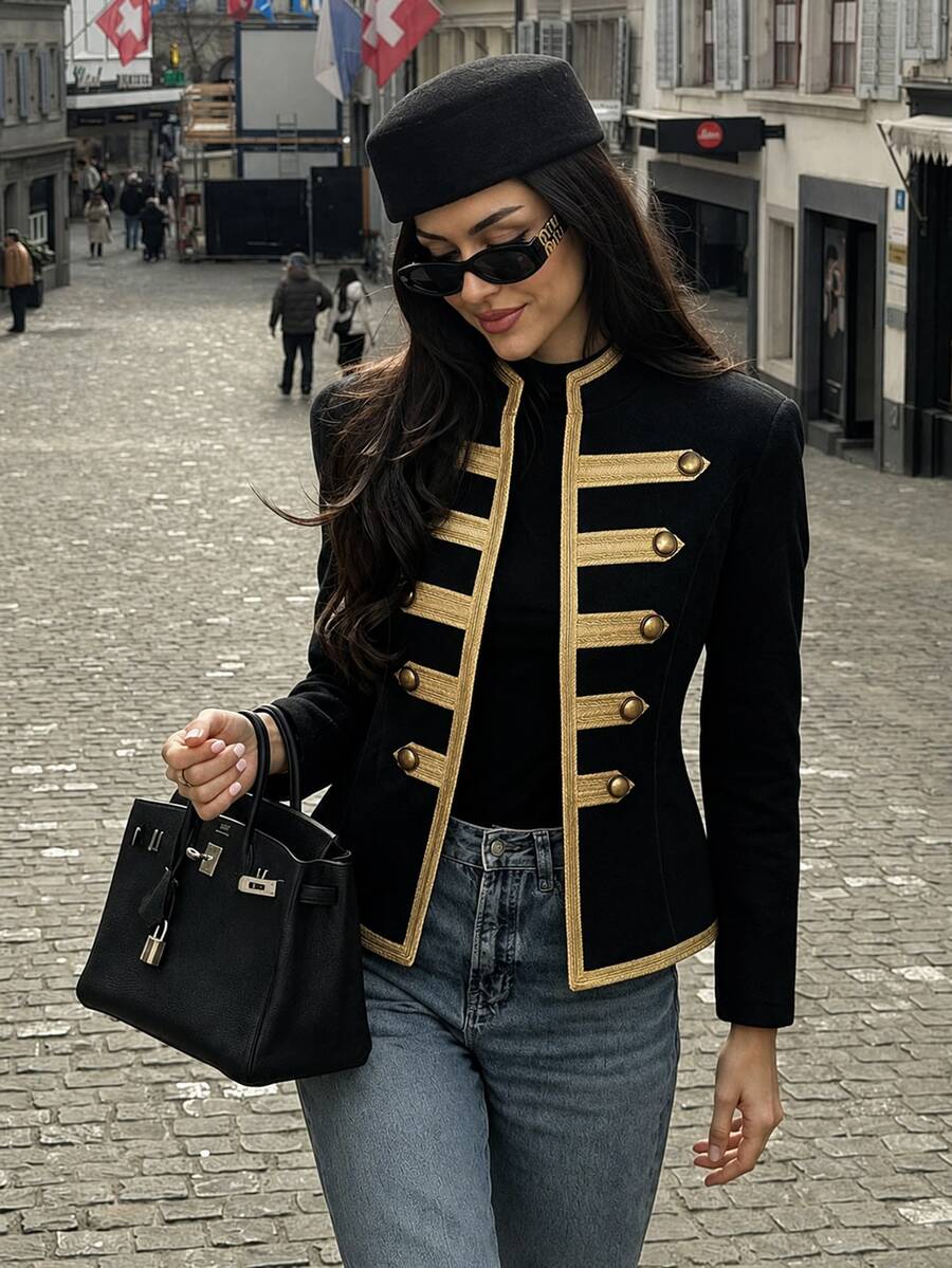 SHEIN Women's Long Sleeve Button Design Napoleon Regular Jacket, Renaissance Outfit, Social Clothing, Fall Winter, Vintage Night Out Black And Gold - Black - View 1