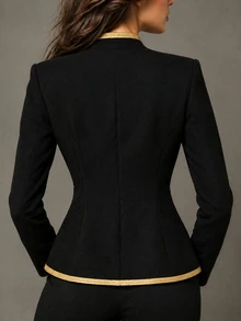SHEIN Women's Long Sleeve Button Design Napoleon Regular Jacket, Renaissance Outfit, Social Clothing, Fall Winter, Vintage Night Out Black And Gold - Black - View 2
