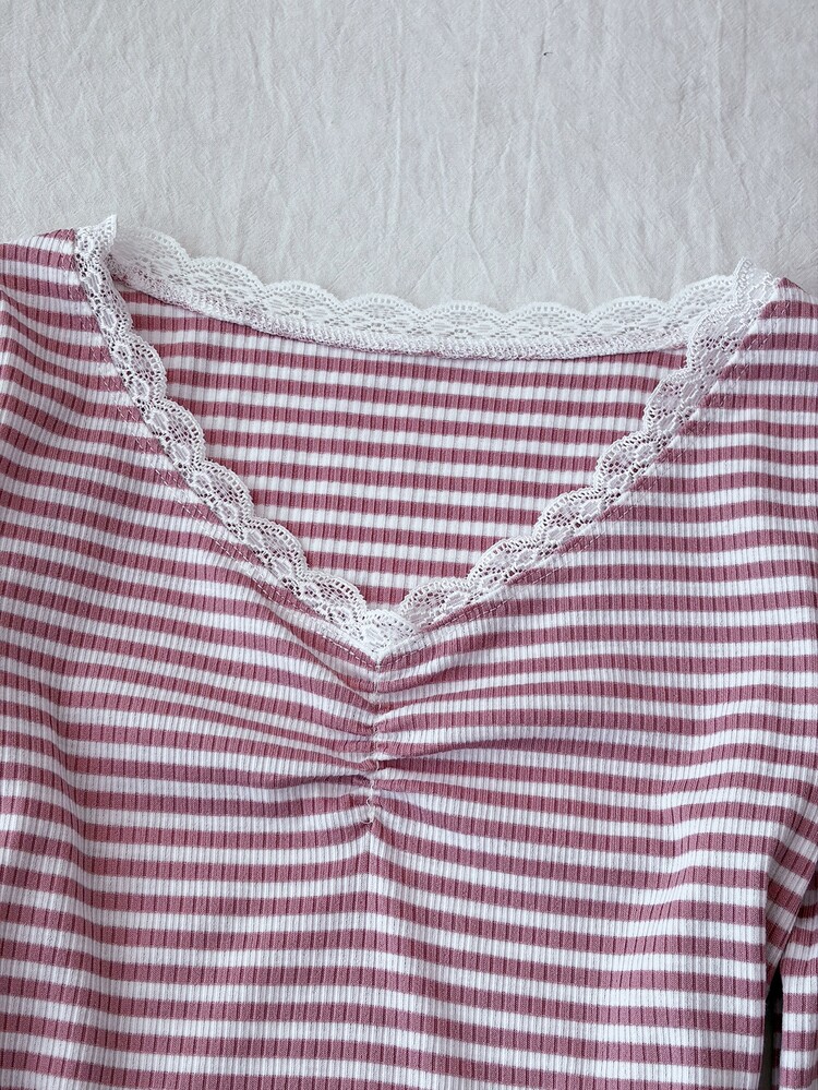 SHEIN Teen Girls Knitted Ribbed Pink Striped Half-Button Long Sleeve Slim Fit T-Shirt - Pink - View 3