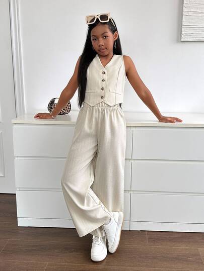 Firerie Kids Firerie Kids Nova Glow Tween Girl 休闲编织条纹无袖上衣和短裤两件套，返校，夏季服装