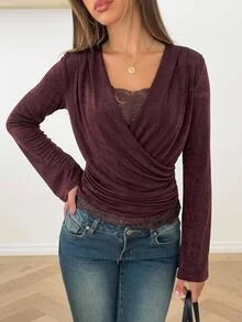 Aloruh Women's Elegant Sexy V-Neck Lace Patchwork Fitted Long Sleeve T-Shirt,Elegant Women's Blouses, Work Tops For Women, Fashionable Tops,Brown Tops - Brown - View 1