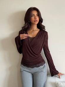 Aloruh Women's Elegant Sexy V-Neck Lace Patchwork Fitted Long Sleeve T-Shirt,Elegant Women's Blouses, Work Tops For Women, Fashionable Tops,Brown Tops - Brown - View 3