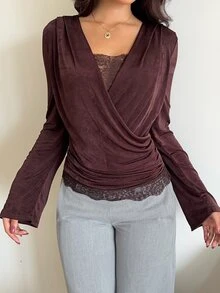 Aloruh Women's Elegant Sexy V-Neck Lace Patchwork Fitted Long Sleeve T-Shirt,Elegant Women's Blouses, Work Tops For Women, Fashionable Tops,Brown Tops - Brown - View 2