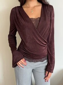 Aloruh Women's Elegant Sexy V-Neck Lace Patchwork Fitted Long Sleeve T-Shirt,Elegant Women's Blouses, Work Tops For Women, Fashionable Tops,Brown Tops - Brown - View 5