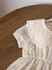 Souflis Souflis Girls' Summer Embroidered Princess Dress,Ruffled Collar Short Sleeve Waisted A-Line Dress,Flower Girl Daily School Outing Sweet Long Party Dress - White - View 6