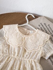 Souflis Souflis Girls' Summer Embroidered Princess Dress,Ruffled Collar Short Sleeve Waisted A-Line Dress,Flower Girl Daily School Outing Sweet Long Party Dress - White - View 5