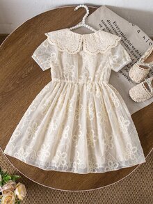 Souflis Souflis Girls' Summer Embroidered Princess Dress,Ruffled Collar Short Sleeve Waisted A-Line Dress,Flower Girl Daily School Outing Sweet Long Party Dress - White - View 3