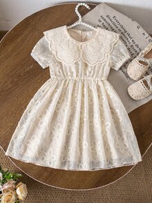 Souflis Souflis Girls' Summer Embroidered Princess Dress,Ruffled Collar Short Sleeve Waisted A-Line Dress,Flower Girl Daily School Outing Sweet Long Party Dress - White - View 4