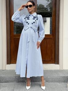 MaterniWear Maternity Floral Embroidered Striped Long Sleeve Elegant Shirt Dress Fall - Blue - View 5