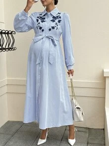 MaterniWear Maternity Floral Embroidered Striped Long Sleeve Elegant Shirt Dress Fall - Blue - View 7