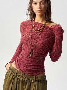 Bohemela Casual Boho Solid Color Knit Short Sleeve Women's Top Everyday Burgundy Autumn - Burgundy - View 1