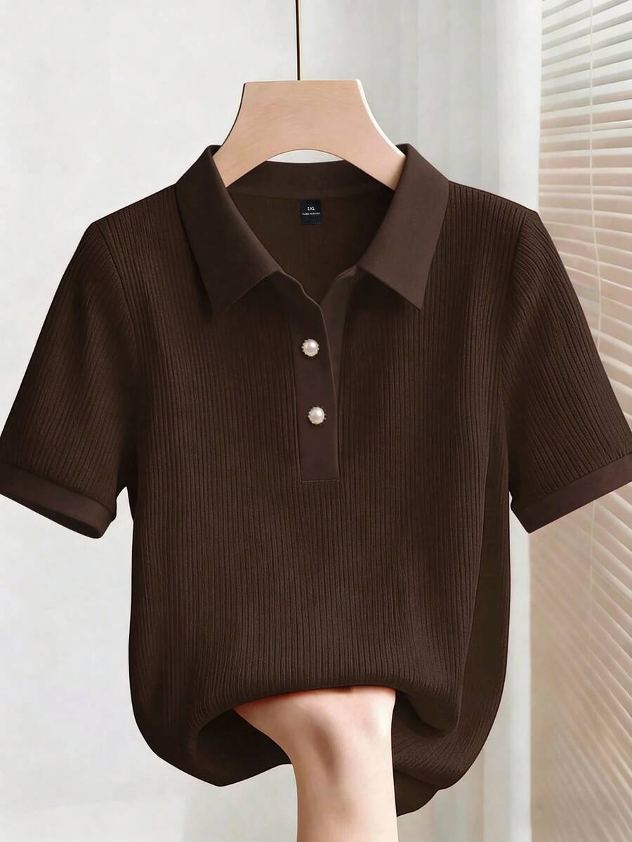 Elenzga Plus Size Women's Casual Elegant Solid Color Polo T-ShirtDaily Commute Everyday School - Multicolor - View 1