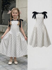 Firerie Kids Firerie Kids 女童休閒優雅時尚日常百搭圓領可拆式蝴蝶結無袖波點洋裝 - 白色 - 查看 7