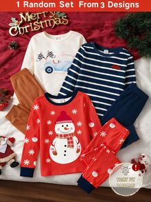 [1 Random Set From 3 Designs]Baby Boy Home Wear Set Christmas Red Blue Multicolor UV Fluorescent Santa Claus Snowman Snowflake Print Top & Pants Knit Elastic Fabric Slim Fit Two Pieces Set Autumn Winter Children Pajamas Today 18:06 - Multicolor - View 8