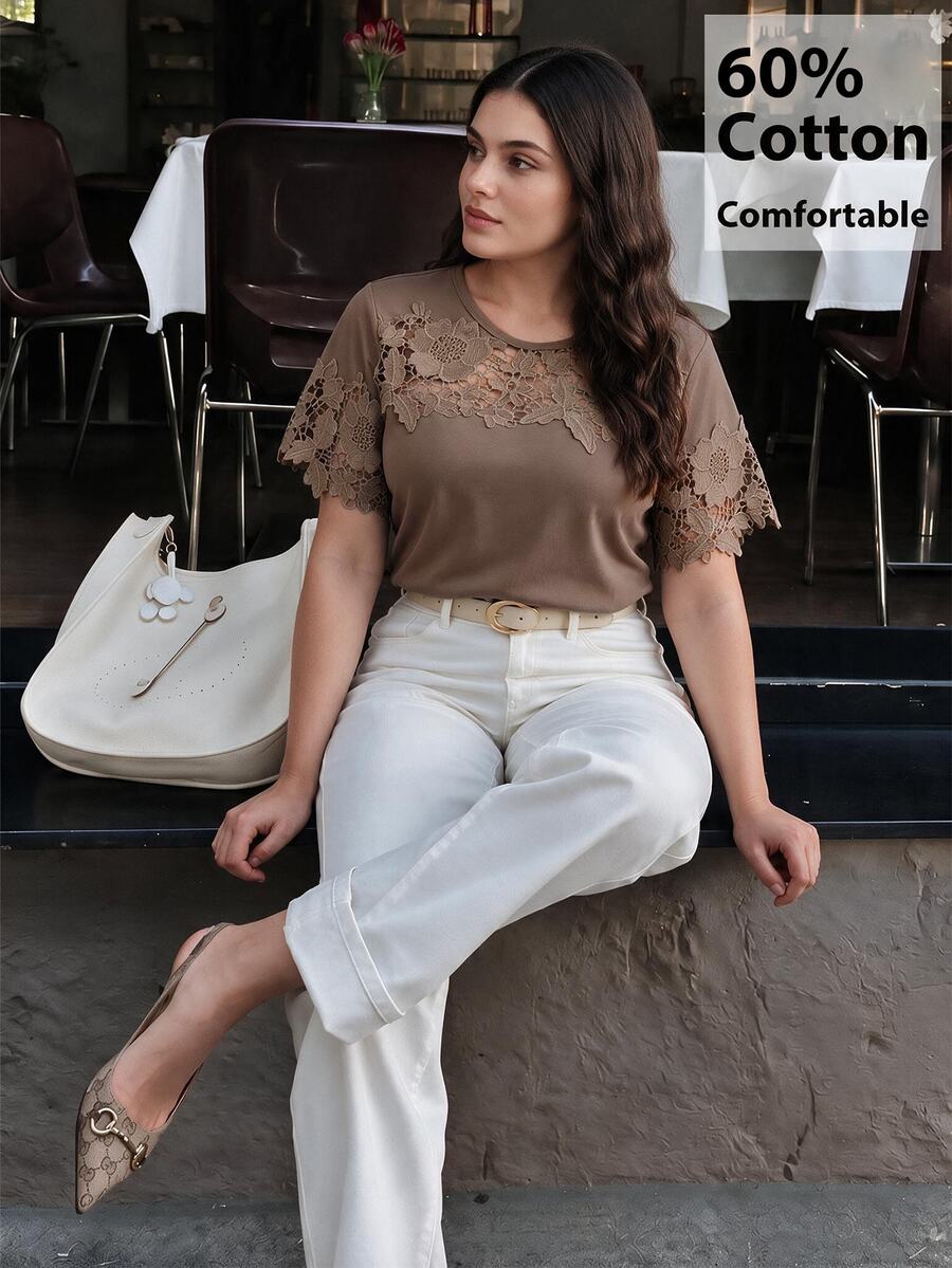 Anewsta Women's Short Sleeve T-Shirt With Hollow Lace Patchwork On Chest And Sleeves, Knit Fabric, Casual Commute Plus Size Tee - Brown - View 1