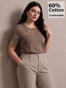 Anewsta Women's Short Sleeve T-Shirt With Hollow Lace Patchwork On Chest And Sleeves, Knit Fabric, Casual Commute Plus Size Tee - Brown - View 3