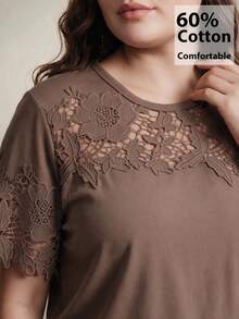 Anewsta Women's Short Sleeve T-Shirt With Hollow Lace Patchwork On Chest And Sleeves, Knit Fabric, Casual Commute Plus Size Tee - Brown - View 7