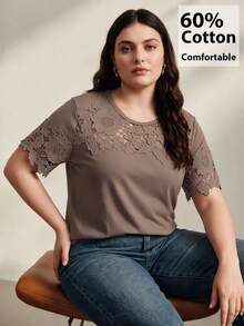 Anewsta Women's Short Sleeve T-Shirt With Hollow Lace Patchwork On Chest And Sleeves, Knit Fabric, Casual Commute Plus Size Tee - Brown - View 6