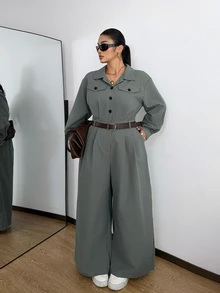 POPSWAY Plus Size Women Solid Color Long Sleeve Half-Button Casual Utility Jumpsuit Fall - Dusty Blue - View 7
