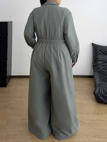 POPSWAY Plus Size Women Solid Color Long Sleeve Half-Button Casual Utility Jumpsuit Fall - Dusty Blue - View 2