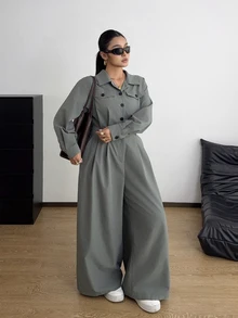 POPSWAY Plus Size Women Solid Color Long Sleeve Half-Button Casual Utility Jumpsuit Fall - Dusty Blue - View 4