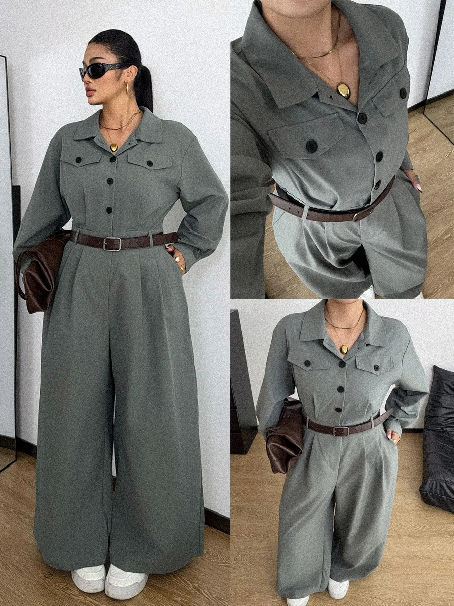 POPSWAY Plus Size Women Solid Color Long Sleeve Half-Button Casual Utility Jumpsuit Fall - Dusty Blue - View 1