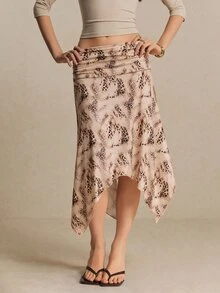 Poéselle 女款豹紋裙－抓皺折腰流暢手帕下擺裙 冬季衣著 Y2K鄉村風休閒裙 秋季穿搭 - 卡其色 - 查看 5