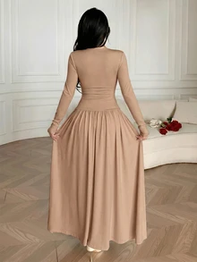 Feyla New V-Neck Lace Patchwork Long Sleeve Elegant Elegant Waist-Defining Maxi Dress - Khaki - View 8