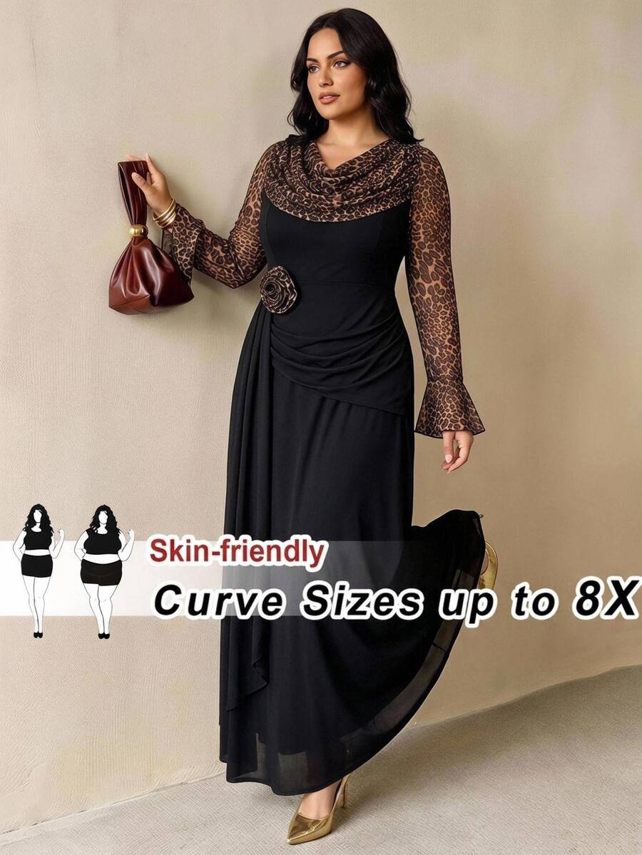 SHEIN CURVE+ Women's Plus Size Dress 22W, Autumn/Winter Floral Decor Elegant Dress Fall - Multicolor - View 1