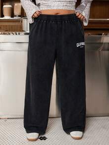 Muchica Women's Plus-Size Baggy 90s Athletic Pants Pockets Vintage-Style Washed/Distressed Finish Letter Print Black Fall Evening Vacation Beach Birthday - Black - View 7