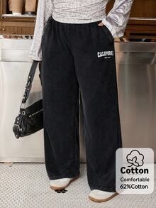Muchica Women's Plus-Size Baggy 90s Athletic Pants Pockets Vintage-Style Washed/Distressed Finish Letter Print Black Fall Evening Vacation Beach Birthday - Black - View 2