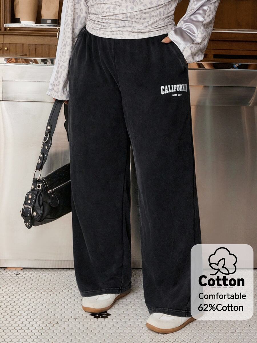 Muchica Women's Plus-Size Baggy 90s Athletic Pants Pockets Vintage-Style Washed/Distressed Finish Letter Print Black Fall Evening Vacation Beach Birthday