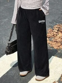 Muchica Women's Plus-Size Baggy 90s Athletic Pants Pockets Vintage-Style Washed/Distressed Finish Letter Print Black Fall Evening Vacation Beach Birthday - Black - View 4