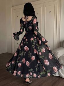Feyla 女款花卉印花優雅收腰派對中長洋裝 - 黑色 - 查看 4