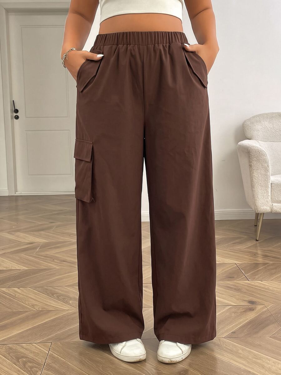 SHEIN EZwear 大尺碼女款純色休閒街頭風復古百搭日常工裝褲 秋季旅行派對度假棕色 - 巧克力棕 - 查看 1