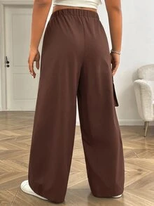 SHEIN EZwear 大尺碼女款純色休閒街頭風復古百搭日常工裝褲 秋季旅行派對度假棕色 - 巧克力棕 - 查看 2