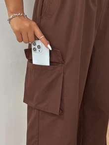 SHEIN EZwear 大尺碼女款純色休閒街頭風復古百搭日常工裝褲 秋季旅行派對度假棕色 - 巧克力棕 - 查看 5