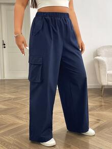 SHEIN EZwear 海軍藍直筒大尺碼女款工裝口袋休閒街頭風長褲，適合秋季旅行派對 - 藏蓝色 - 查看 4