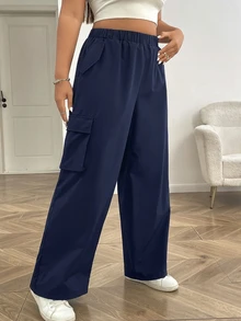 SHEIN EZwear 海軍藍直筒大尺碼女款工裝口袋休閒街頭風長褲，適合秋季旅行派對 - 藏蓝色 - 查看 5