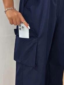 SHEIN EZwear 海軍藍直筒大尺碼女款工裝口袋休閒街頭風長褲，適合秋季旅行派對 - 藏蓝色 - 查看 3