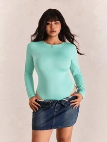 CovetEZ 大尺碼女款純色休閒日常長袖連身衣 冬季 - 水鴨藍 - 查看 3
