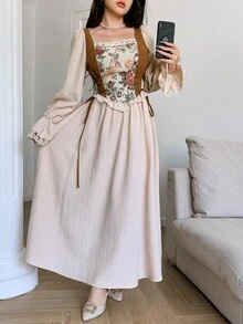 Feyla 女士花卉提花拼接优雅长裙 - 杏色 - 查看 7