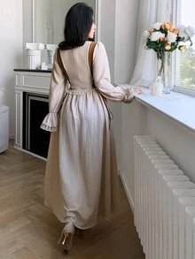 Feyla 女士花卉提花拼接优雅长裙 - 杏色 - 查看 8