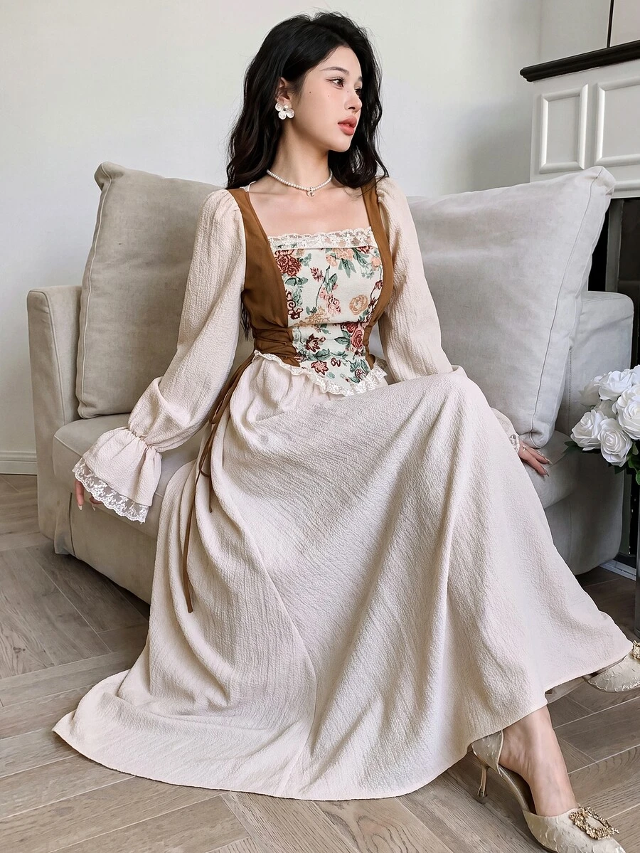 Feyla 女士花卉提花拼接优雅长裙