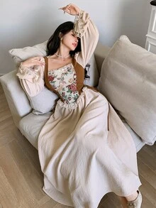 Feyla 女士花卉提花拼接优雅长裙 - 杏色 - 查看 3