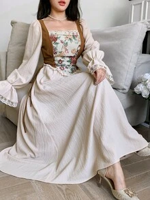 Feyla 女士花卉提花拼接优雅长裙 - 杏色 - 查看 5